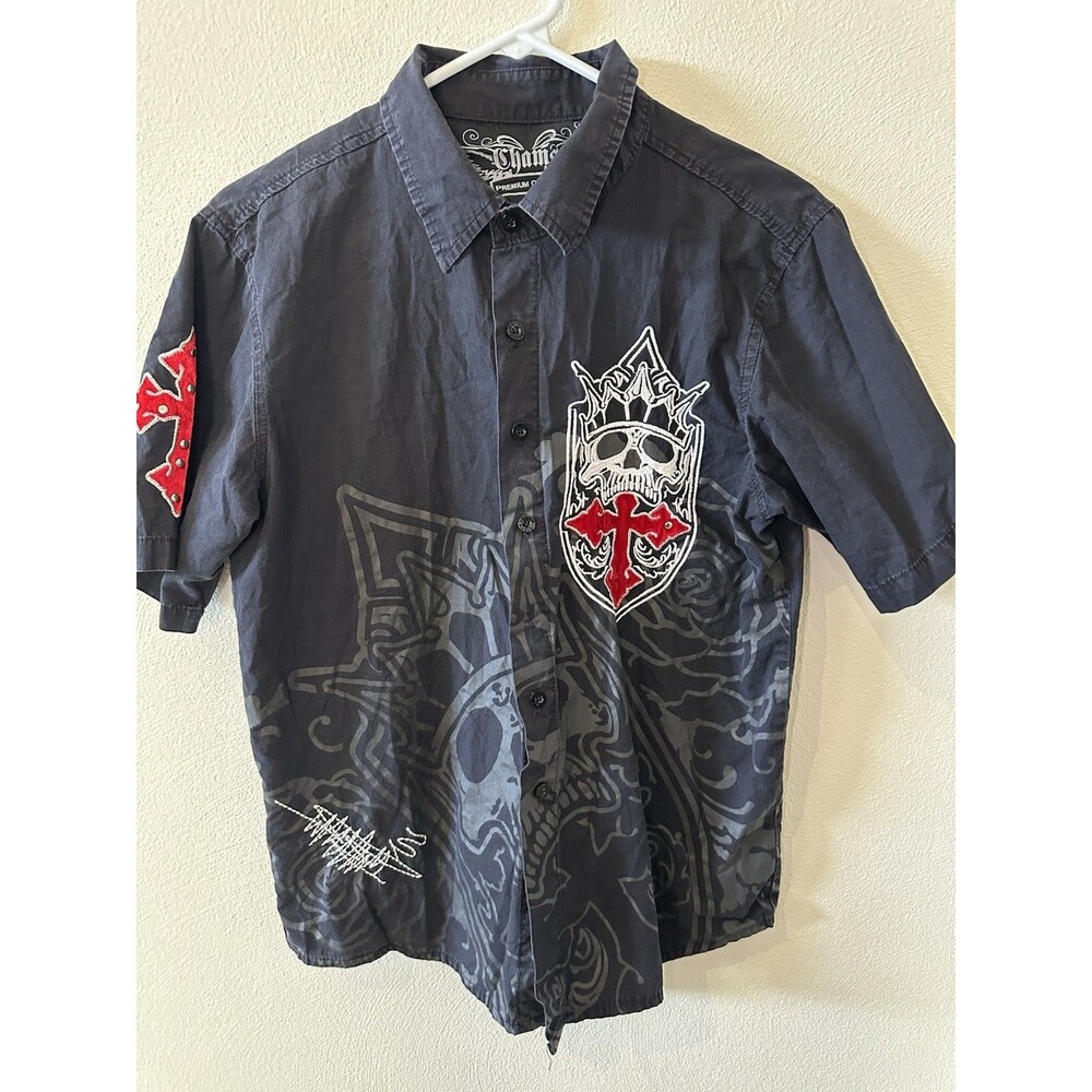 Vintage Y2K Cham Cotton Button Up Short Sleeve Grunge Shirt Size XL Skull Cross
